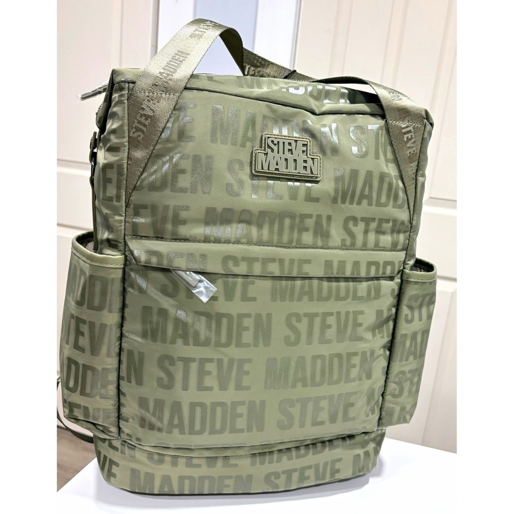 Steve Madden Women's Green Logo Backpack, Zip Top, Adjustable Straps, Pockets